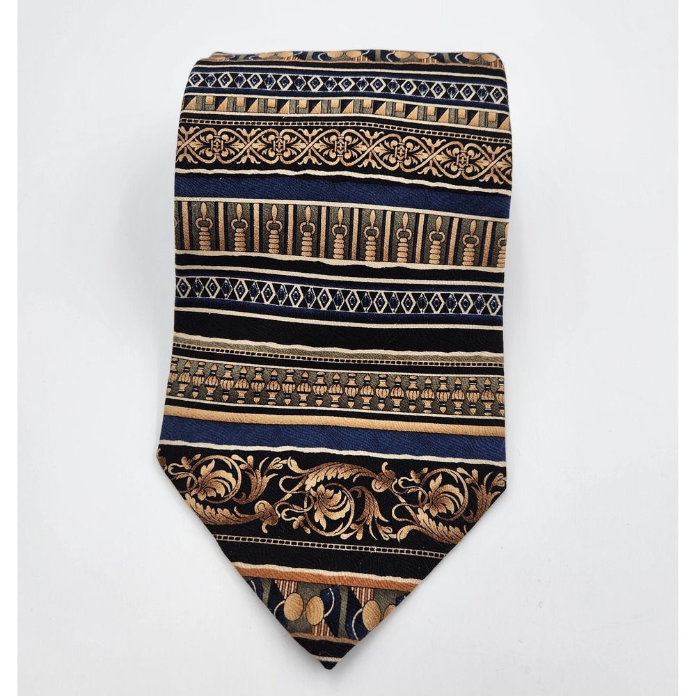 Roundtree & Yorke Neck Tie Pointed Men's One Size Brown Blue Printed Silk Formal